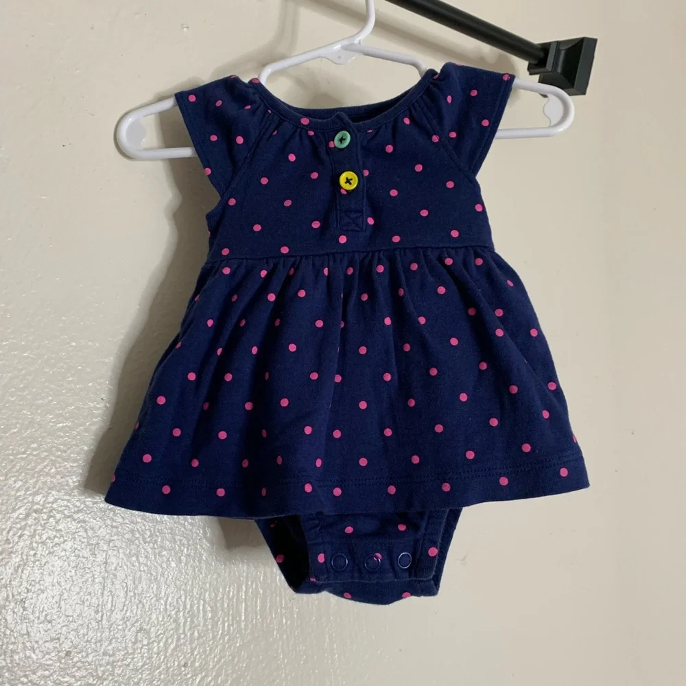 Carter's Newborn Baby Girl Dress & Matching Diaper Cover -Blue w Pink Polka Dots